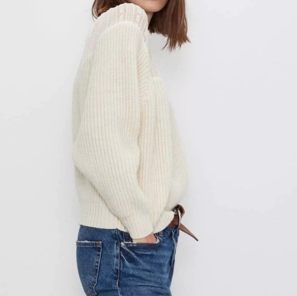 ZARA Cream Lace Yoke Wool Blend Knit Sweater - Picture 2 of 13